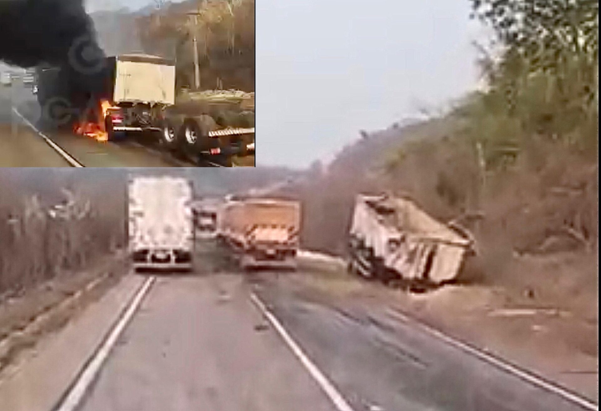 Imagem de caminhão que pegou fogo na serra