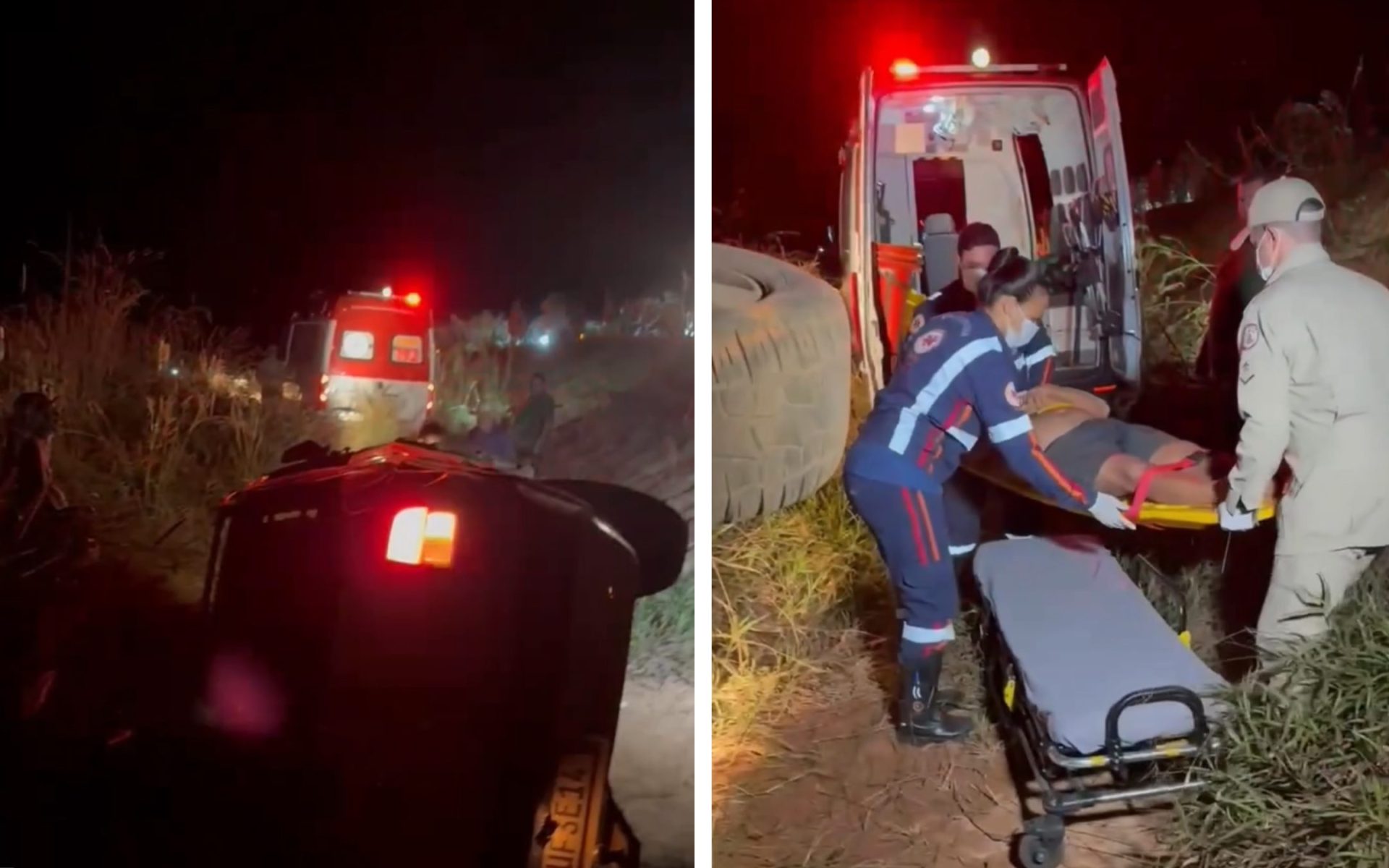 Saveiro capota e cai em ribanceira após colisão na MT-483, em Rondonópolis; vídeo mostra ação do SAMU