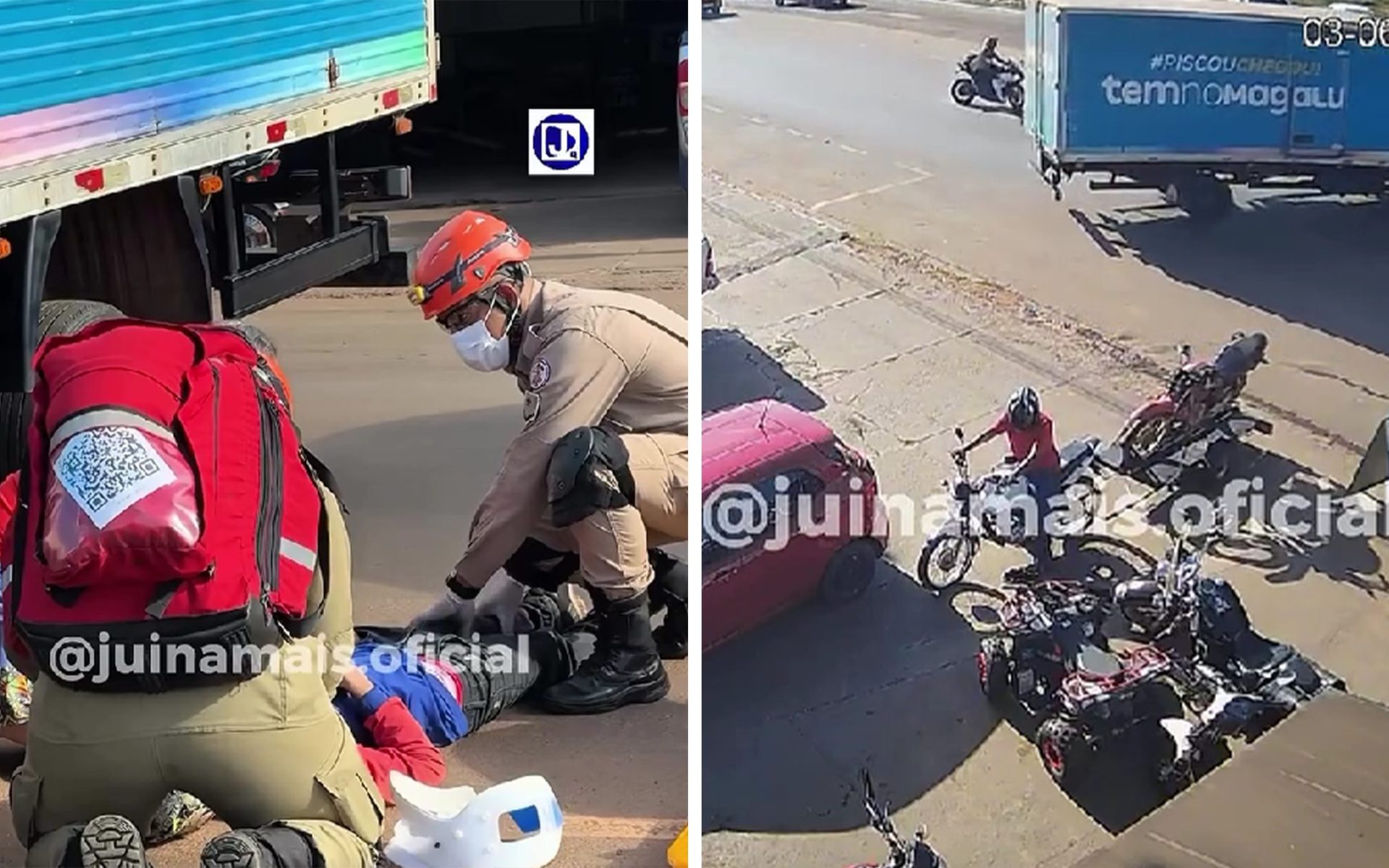 Motociclista bate em caminhão e fica preso embaixo do veículo em Juína; veja vídeo