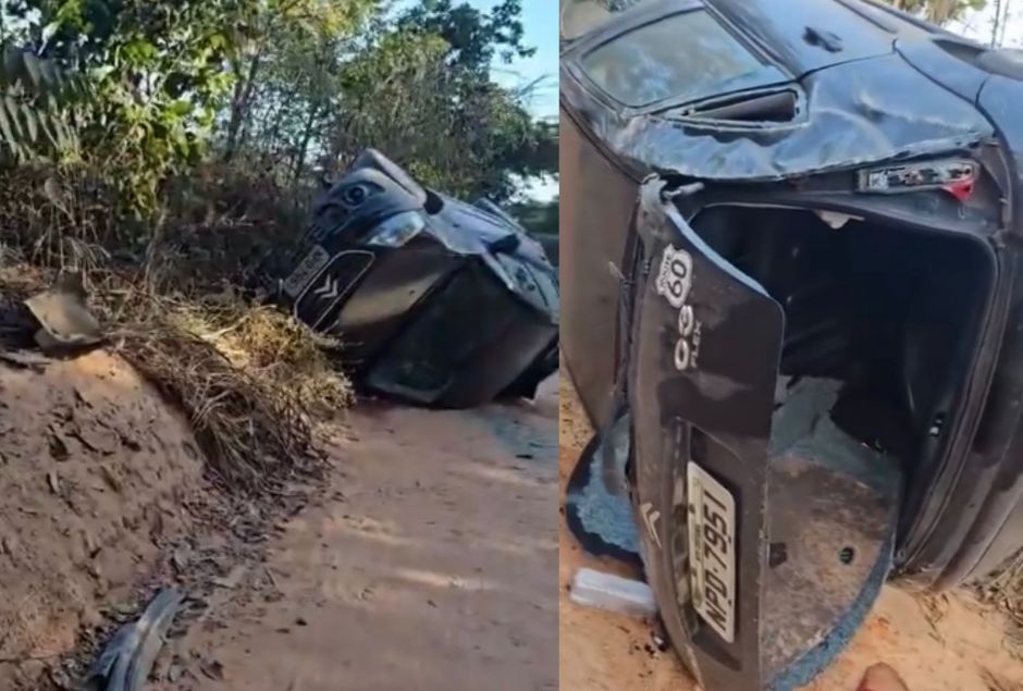 Carro capotado aparece abandonado em estrada de Cuiabá