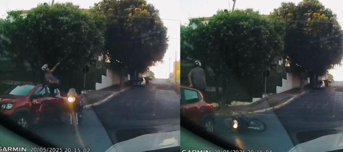 câmera flagra motociclista voando após colisão na Miguel Sutil