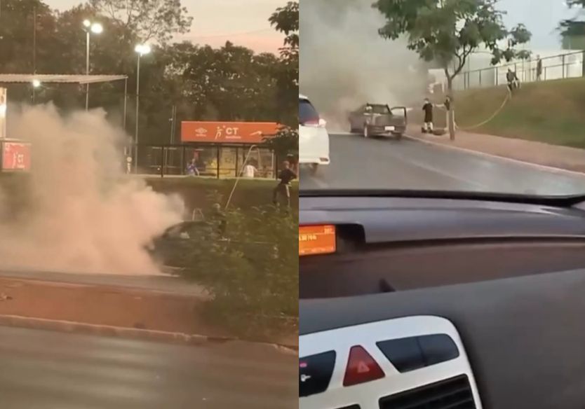 Picape incendeia em frente ao Parque Mãe Bonifácia em Cuiabá