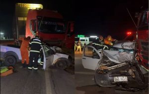 Casal fica ferido após carro bater de frente com carreta na BR-174