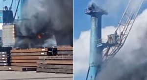 Guindaste pega fogo e estrutura desaba durante incêndio